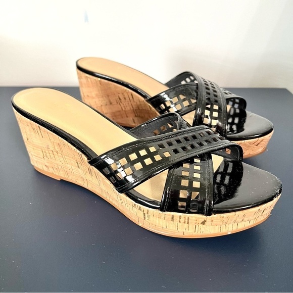 Kate Spade Tawny Black Patent Leather Natural Cork Peep Toe Wedge Sandals Size 9 - Picture 16 of 16